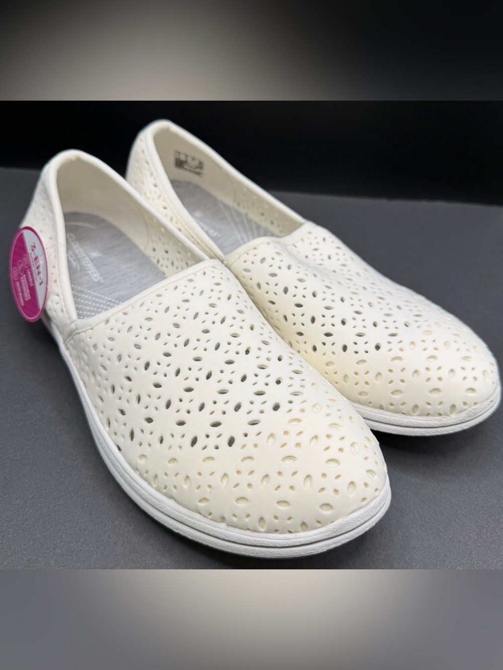 Clarks- Women's Cloud Steppers White Laser-Cut Slip-On Comfort Shoes, Size: 10